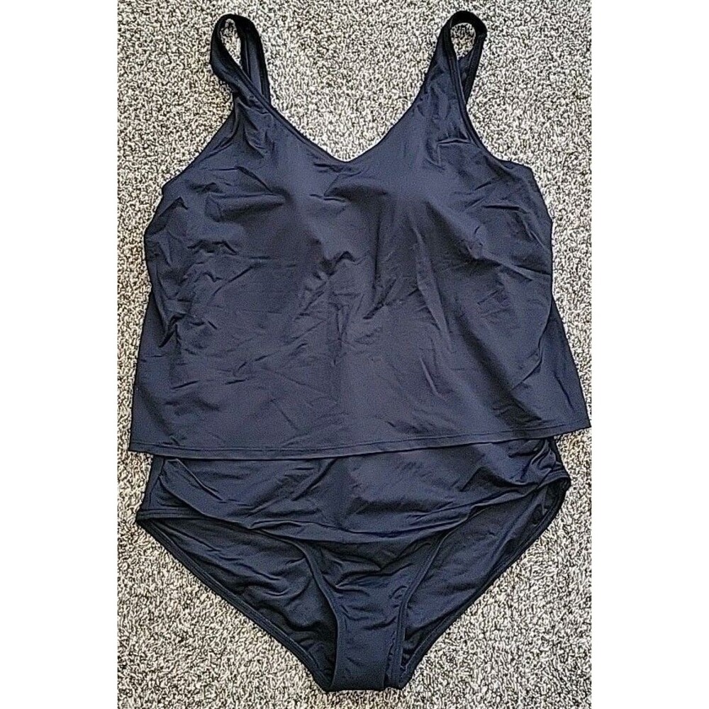 Land's End One Piece Black Swimsuit V-Neck Fauxkini Large 14-16 NEW Modest S702